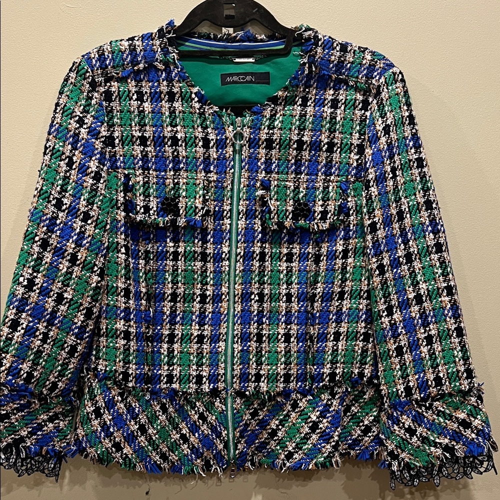 New Marc Cain Blue and Green Plaid Blazer, size 4